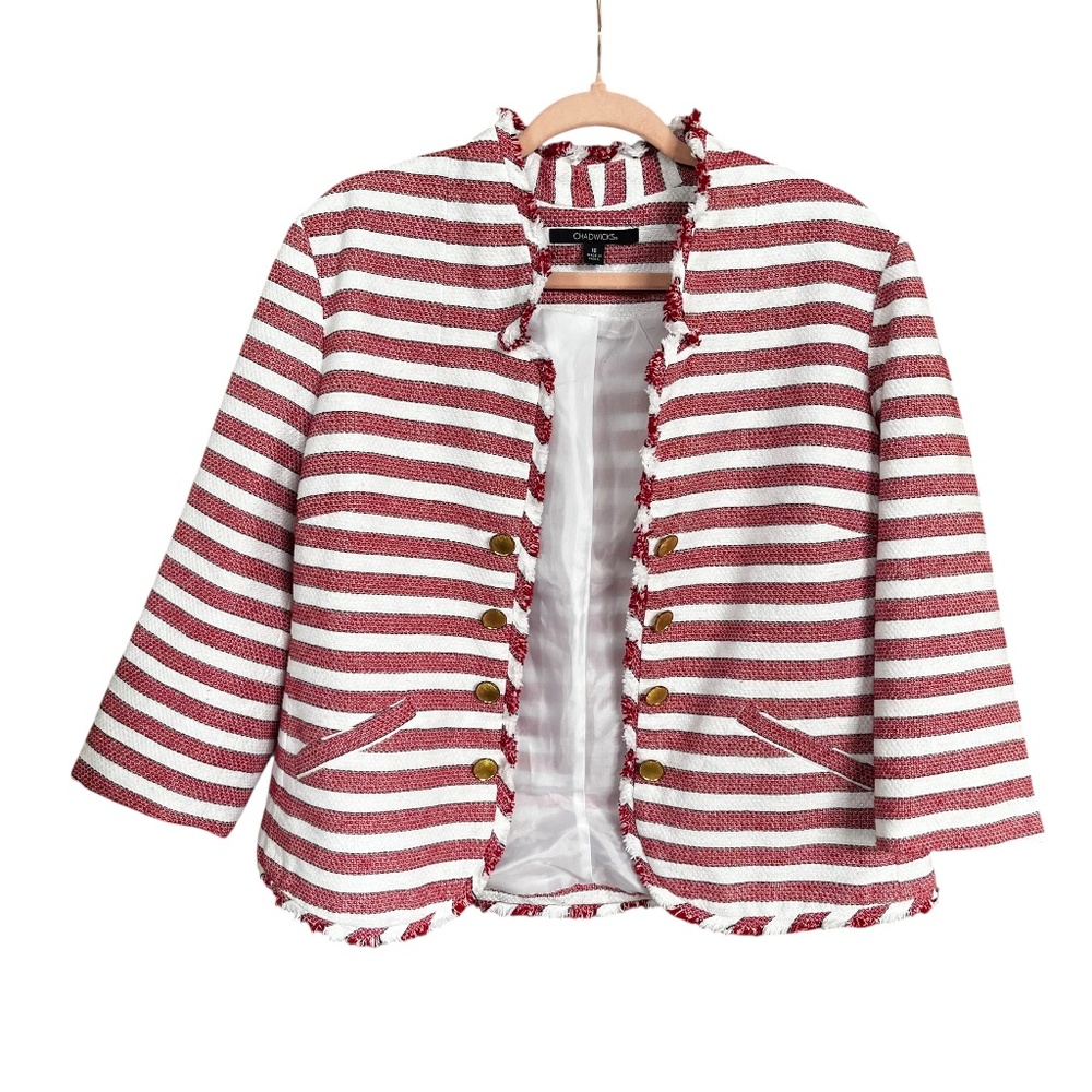 VTG Chadwicks Red & White Stripe Open Front 3/4 Sleeve Blazer Jacket Size 16